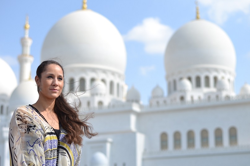 Outside the Sheikh Zyed Grand Mosque in Abu Dhabi