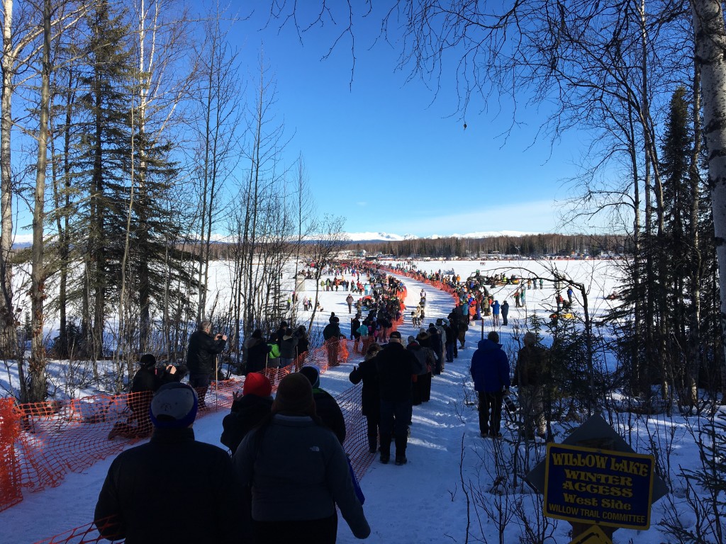 Spectators gathered on Willow Lake for the start of the Iditarod