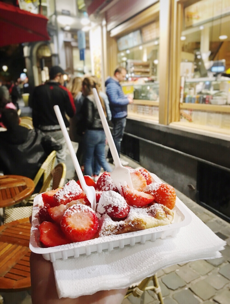 Belgian waffle with strawberries in Brussels, Belgium