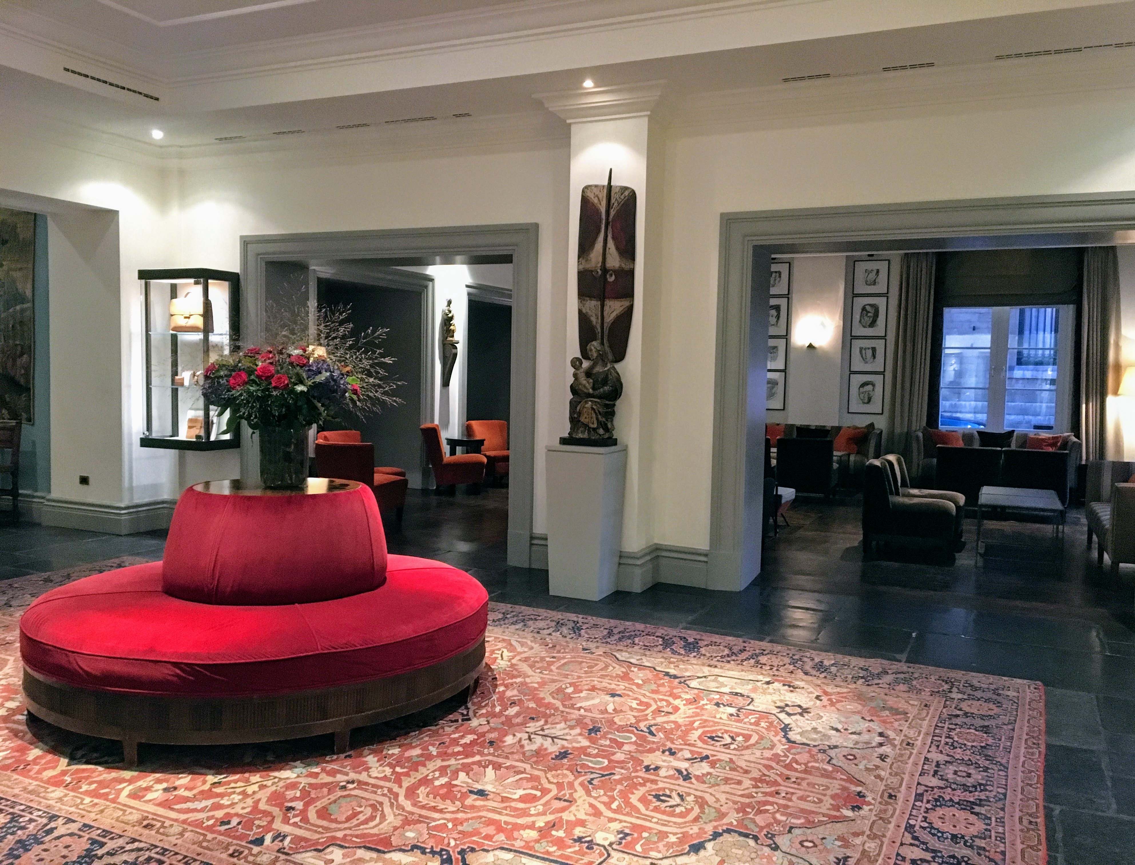 Elegant lobby at Hotel Amigo in Brussels, Belgium