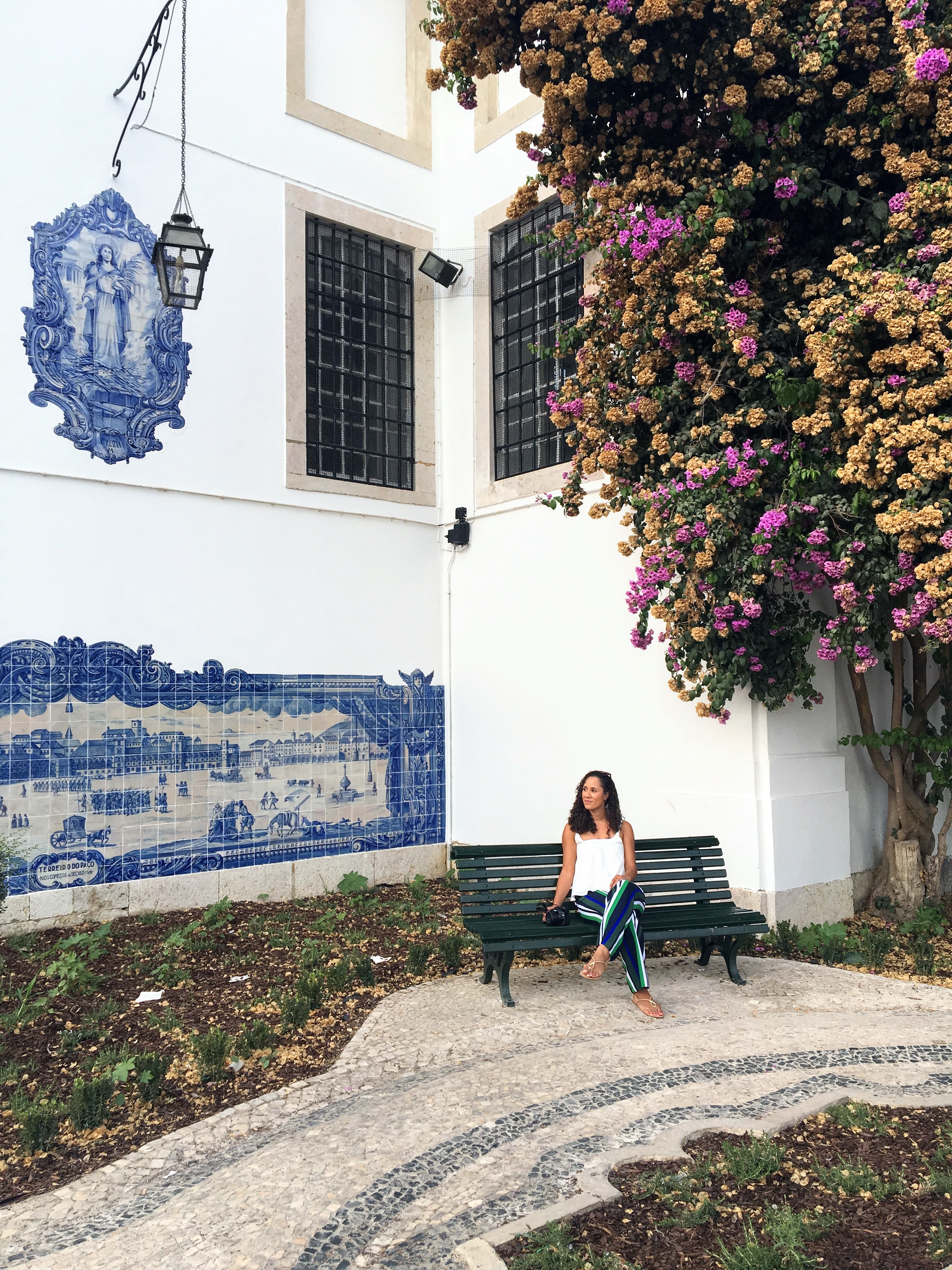 Sitting on a bench under a flowering tree in Lisbon, Portugal