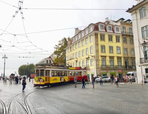 Traditional yellow tram in Lisbon, Portugal