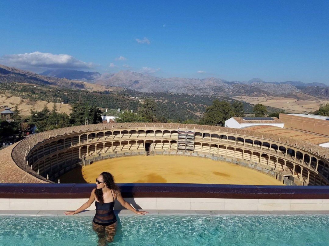 Rooftop pool at the Hotel Catalonia overlooking the Plaza de Toros in Ronda, Spain