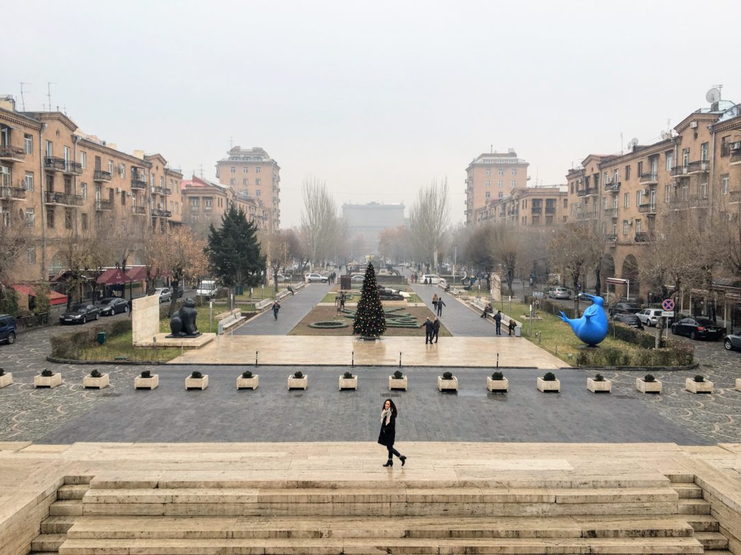 Walking through sculpture park in Yerevan, Armenia