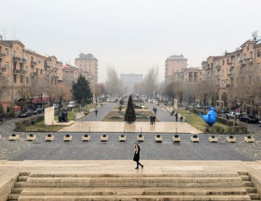 Walking through sculpture park in Yerevan, Armenia