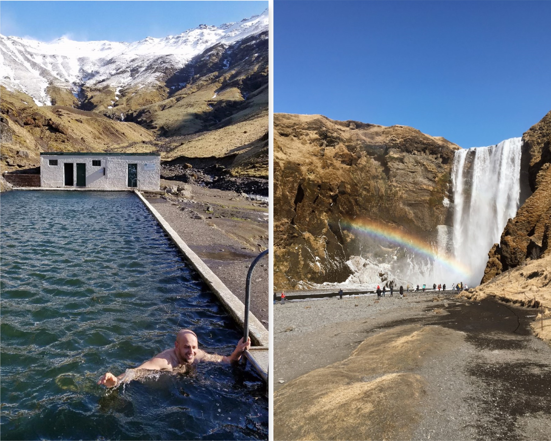 Seljavallalaug hot spring and Skógafoss Waterfall in Iceland