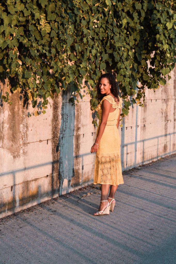 Yellow lace Rent the Runway dress in Lauro, Italy 