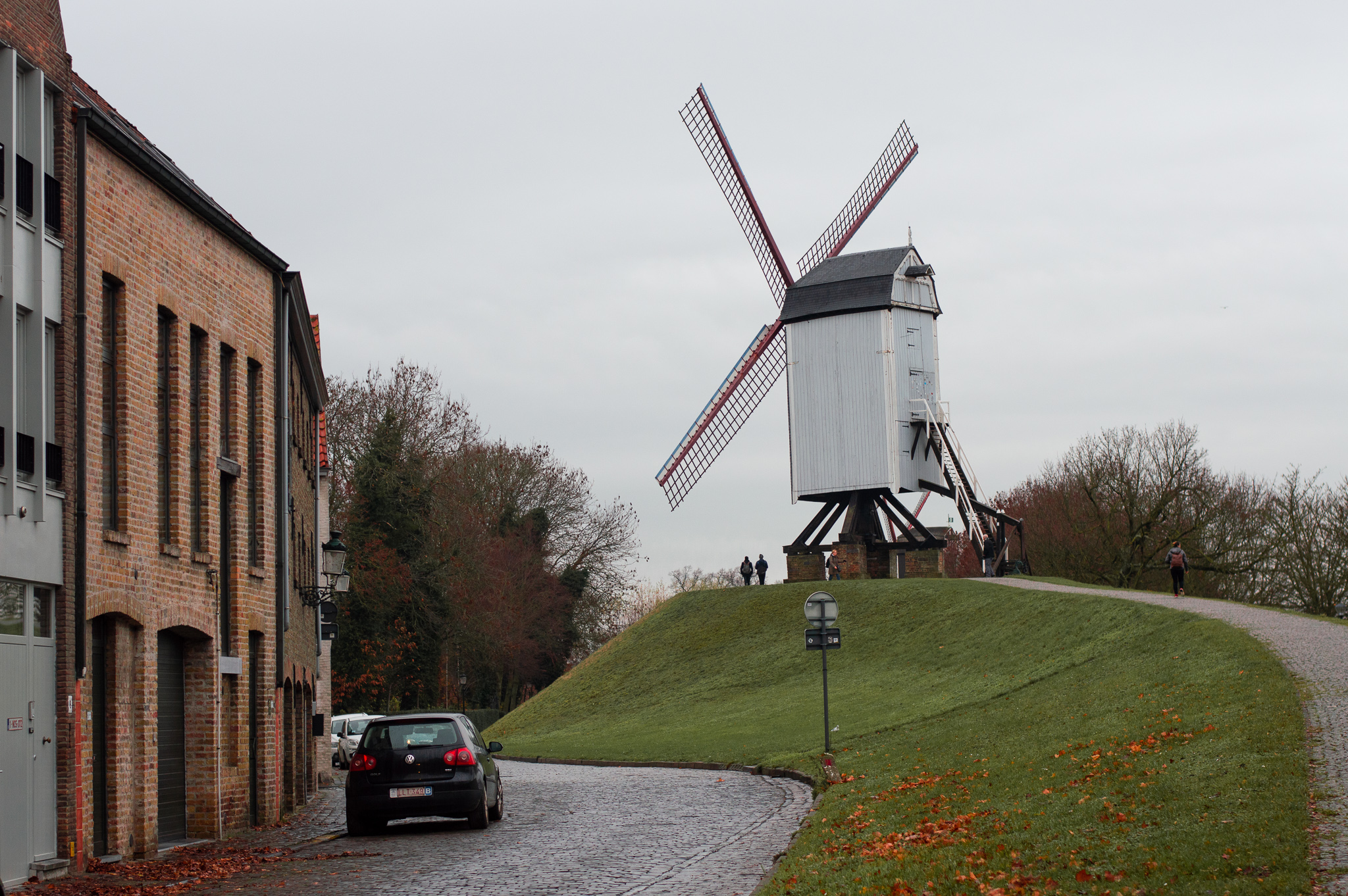 View of the Bonne Chieremolen windmill in Bruges, Belgium