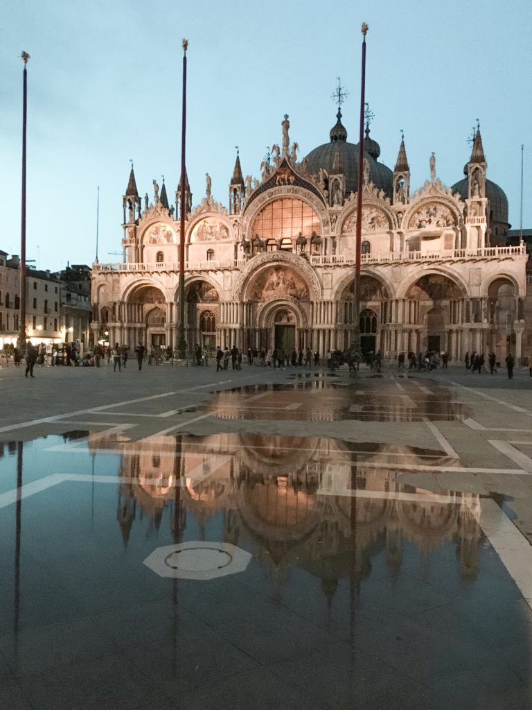 Saint Mark's Basilica at night in Venice Italy