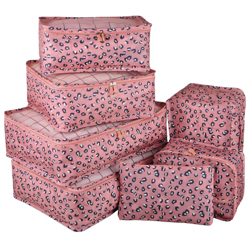 7 Piece Packing Cube Set in Pink Cheetah Print